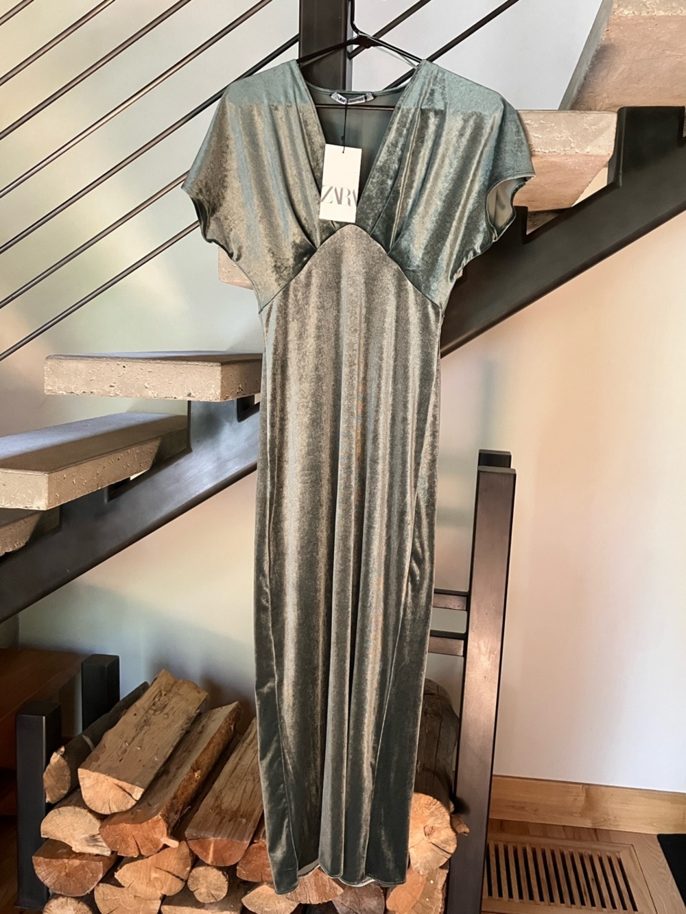 Zara Shimmery Olive Green Velvet Evening Gown